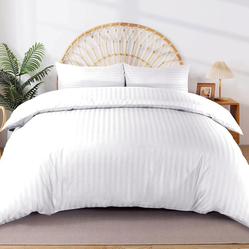 Siesta Zen 100% Cotton Luxury Hotel Quality Sateen Duvet Cover Set with Satin Stripe, Hidden Button Closure, White, Twin/Single 160x210cm - Image 2